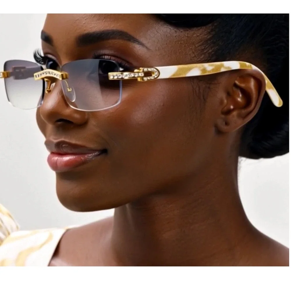 Rimless Sunglasses Gold‎ Diamond Accents Fashion Clear Eyewear Women Gafas Mujer